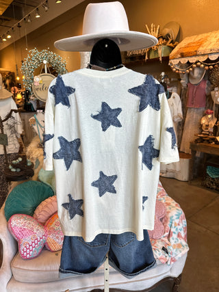 Frayed Denim Star Tee in Beige or White