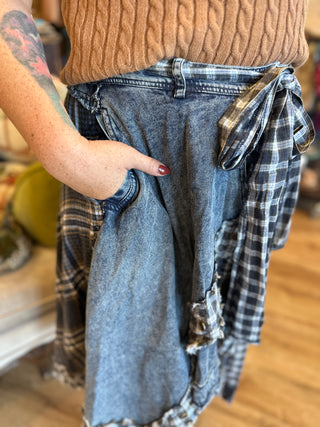 Navy Plaid Denim Skirt