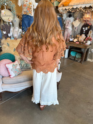Cream Ruffle Hem Denim Pant