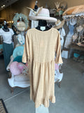 Linen and Crochet Midi Dress in Camel