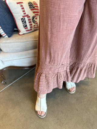 Coffee or Red Bean Gauze Lace Pant
