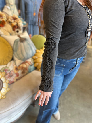 Black or Camel Crochet Sleeve Top