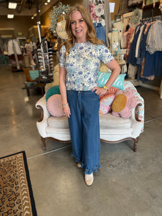 Ruffle Wide Leg Twill Pant in Denim or White