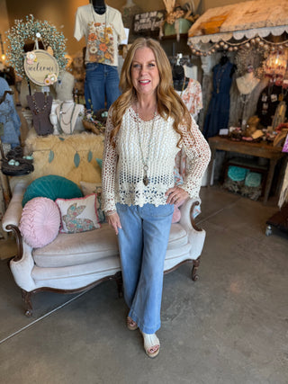 Beige V Neck Long Sleeve Crochet Top