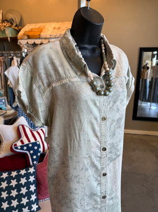 Printed Washed Twill Shirt Dress in Rose, Sage or Taupe