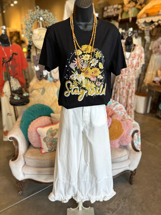 Ruffle Wide Leg Twill Pant in Denim or White