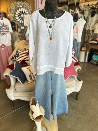 Linen 3/4 Sleeve Fringed Blouse in Black, Camel, Duck Green, White and Khaki