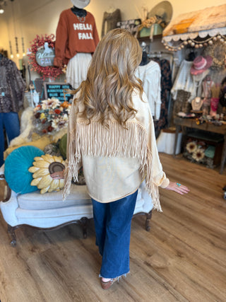 Straw Colored Sweatshirt w/Fringe Detail