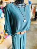 Teal, Oatmeal or Brown Ruffled Linen Blend Top