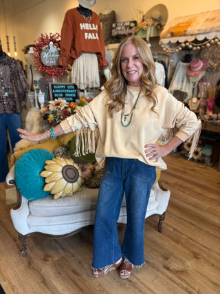 Straw Colored Sweatshirt w/Fringe Detail