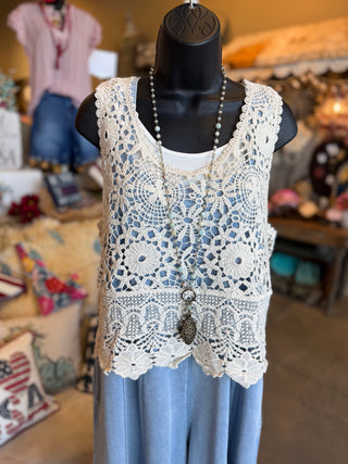 Black or Natural Scalloped Crochet Tank Top
