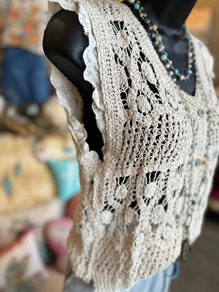 Eyelet Ruffled Crochet Vest in Beige