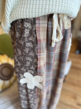 Mocha Plaid Floral Patch Pants