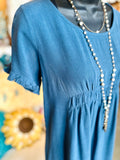 Linen Ruffle Dress in Denim Blue, Canyon Clay, Black or Lagoon