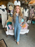 Tie Strap Twill Overalls in Denim, Light Camel and Violet