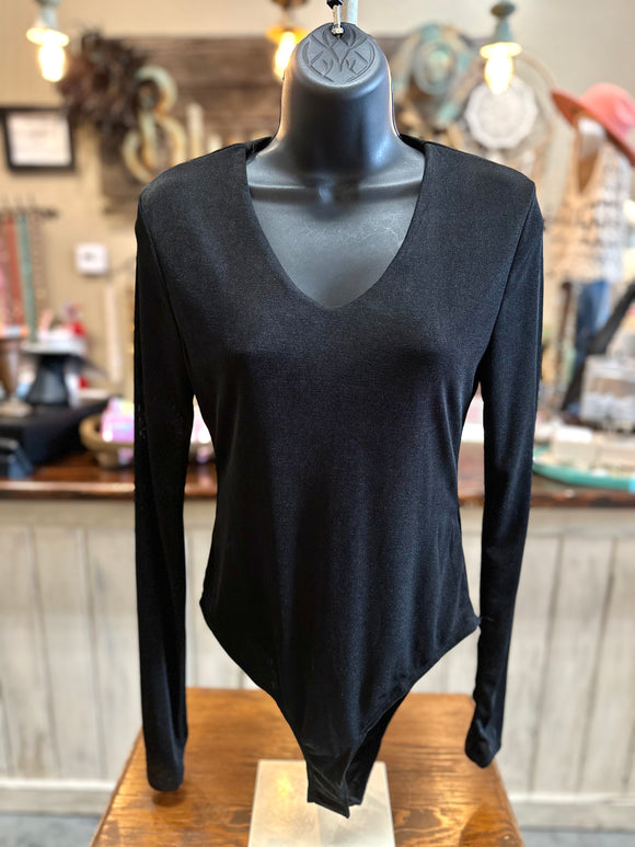 Slinky Rib V Neck Bodysuit in Black or Ivory