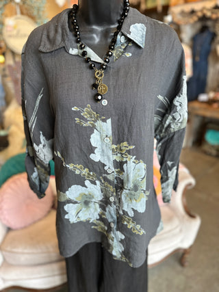 Floral Print Linen Blouse in Beige, Camel, White or Black