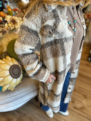 Mocha Plaid Sherpa Long Jacket