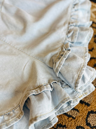 Ruffle Bottom Denim Short in Light or Medium Wash