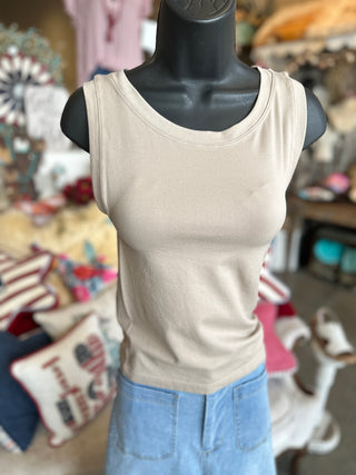Zenana Seamless Cropped Tank Top in Mocha, Black, Beige and White