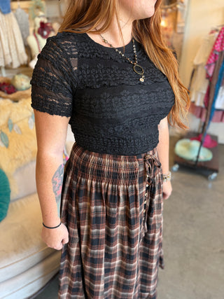 Black or Camel Ruffled Sheer Lace Top