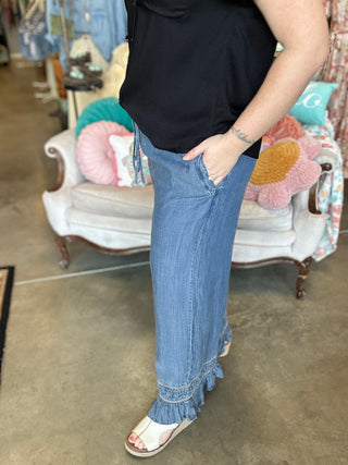Chambray Ruffled Hem Pant