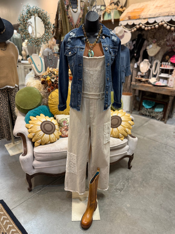 Oatmeal Overalls with Lace Patches