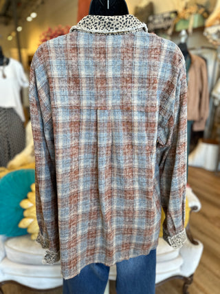 Brick Plaid Leopard Trim Flannel