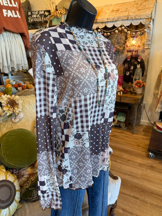 Patchwork Print Mesh Top