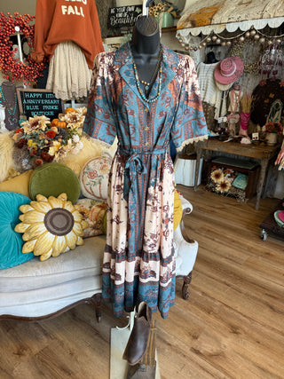 Teal Blue Floral Print Midi Dress