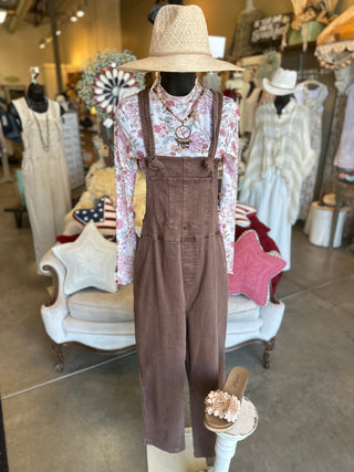 Washed Knot Strapped Overalls in Mahogany, Beige and Teal