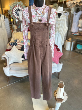 Washed Knot Strapped Overalls in Mahogany, Beige and Teal