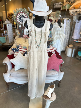 Washed Knot Strapped Overalls in Mahogany, Beige and Teal