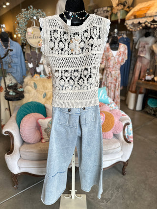 Eyelet Ruffled Crochet Vest in Beige