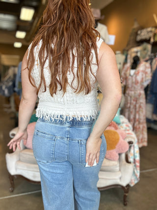 Ivory Crochet Vest with Fringe Hem