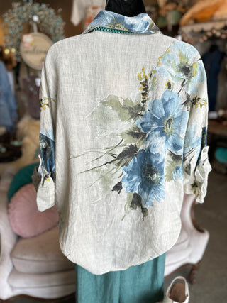 Floral Print Linen Blouse in Beige, Camel, White or Black