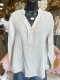 Linen Ruffle Neck Blouse in Beige, Black or Camel