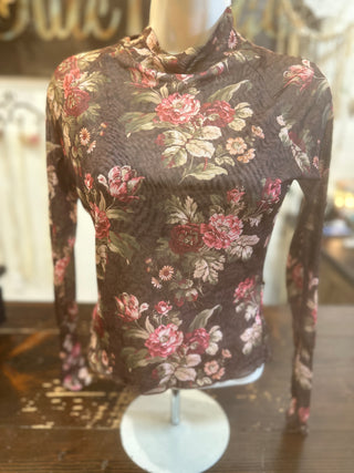 Brown Floral Mesh Top
