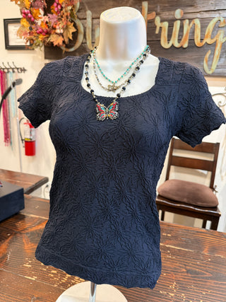 Jacquard Floral Seamless Top in Black, Brown and Ivory