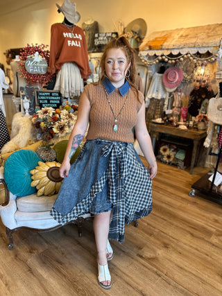 Navy Plaid Denim Skirt