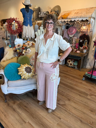Mauve Flower Patch Terry Knit Pant
