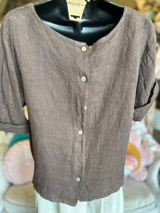 Linen Rolled Sleeve Top in Beige, Brown or Khaki