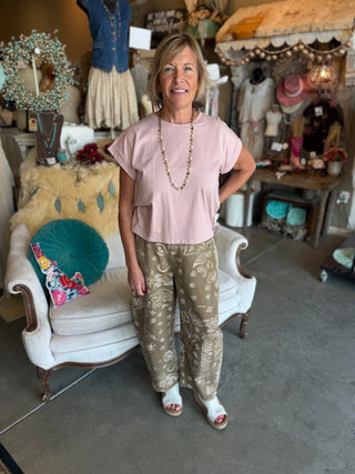 Brown and Pink Paisley Print Barrel Pant