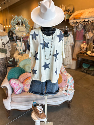 Frayed Denim Star Tee in Beige or White