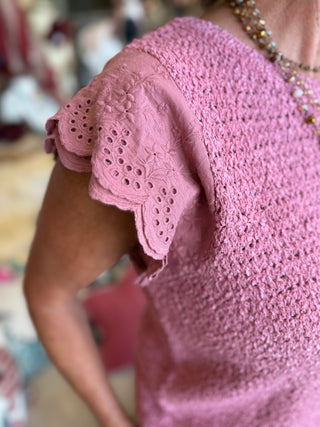 Pink or Natural Eyelet Sleeve Sweater