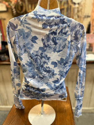 Blue and White Floral Mesh Top