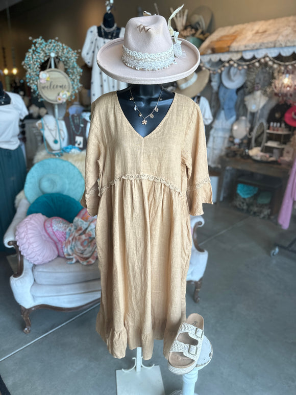 Linen and Crochet Midi Dress in Camel