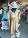 Linen and Crochet Midi Dress in Camel