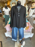 Linen Ruffle Neck Blouse in Beige, Black or Camel