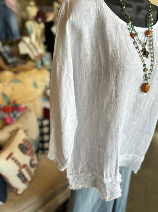 Linen 3/4 Sleeve Fringed Blouse in Black, Camel, Duck Green, White and Khaki